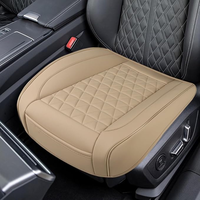 Luxury Faux Leather Car Seat Cover, Car Seats Cushion, Beige | Anti-Slip Waterproof Universal Front Bottom Seat Protector with Storage Pocket for Sedans, SUVs, Trucks, Triangular Pattern