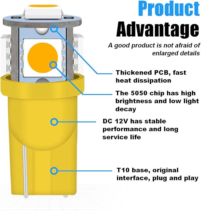 smilfuy 2PCS T10 194 LED Bulbs Tag Lights for License Plate, 6000K Yellow | Wedge 168 T10 2825 5SMD 5050 Chips LED Bulb, 12V Bulb Replacement for Car Interior Dome Map Door Courtesy License Plate Light