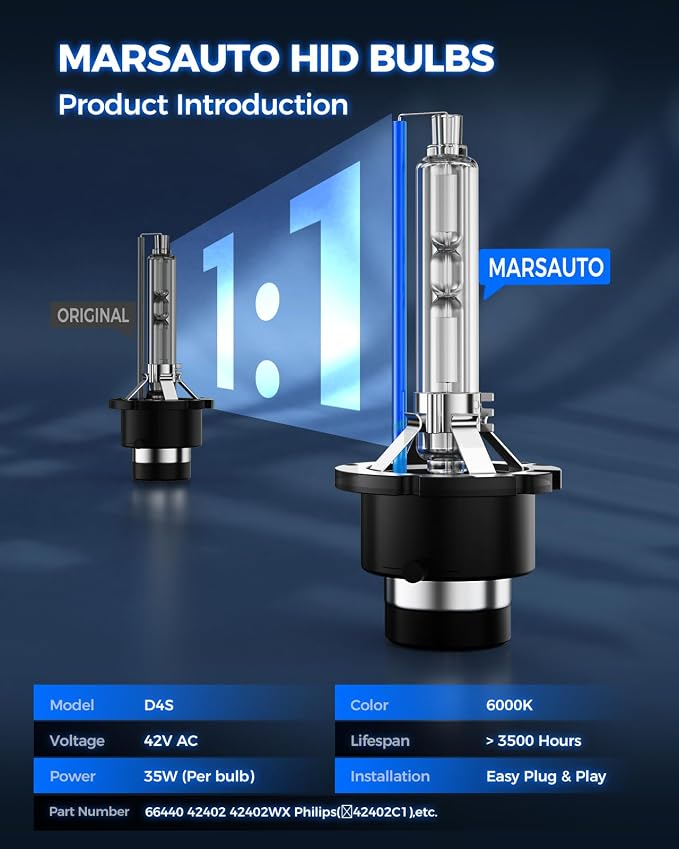 Marsauto D4S HID Xenon Bulbs 600% Brightness 6500K Cool White 66440 42402 42402 Replacement 35W IP68 Waterproof Pack of 2