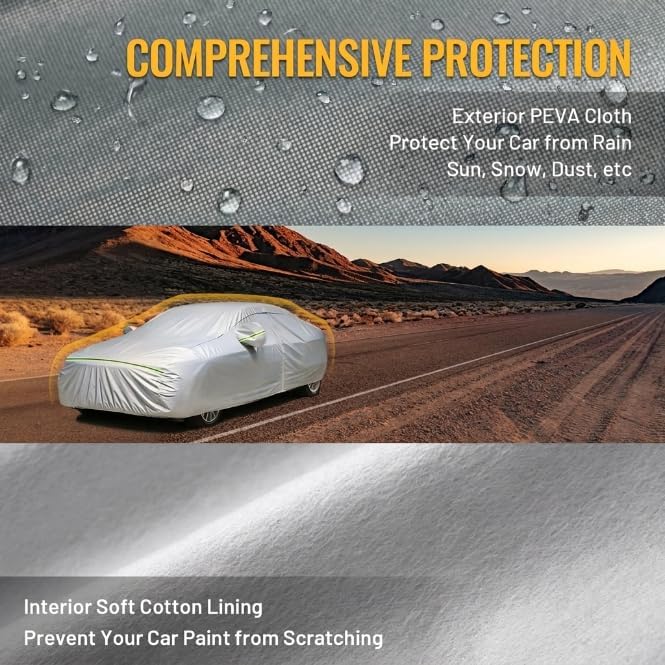 Favoto Car Cover Waterproof All Weather Windproof for Hatchback 157-171’’ | UV Protection, Soft Cotton Lining, Driver Door Zipper, Reflective Strips and Storage Bag Included with Vehicle Fitment Silver