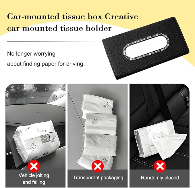 Bling Car Visor Tissue Holder, Crystal Rhinestones Vehicle Sun Visor Hanging Napkin Organizer Case with Ergonomic Take Out Port, Automotive Interior Tissue Dispenser, Universal Fit (Black)