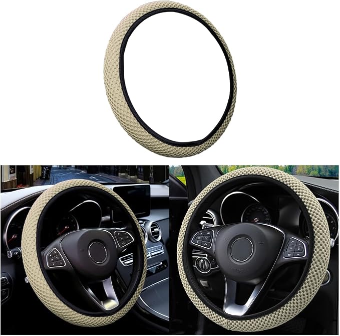 Elastic Stretch Steering Wheel Cover, Universal 15 Inch Automotive Steering Wheel Cover, Microfiber Breathable Ice Silk, Anti-Slip, Odorless, Easy Carry,Warm in Winter and Cool in Summer (Beige)