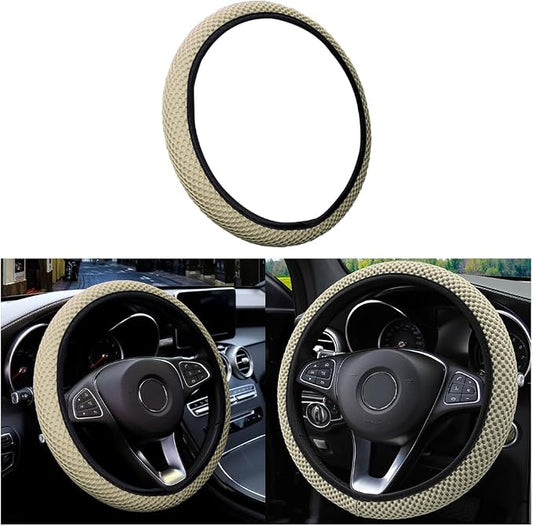 Elastic Stretch Steering Wheel Cover, Universal 15 Inch Automotive Steering Wheel Cover, Microfiber Breathable Ice Silk, Anti-Slip, Odorless, Easy Carry,Warm in Winter and Cool in Summer (Beige)