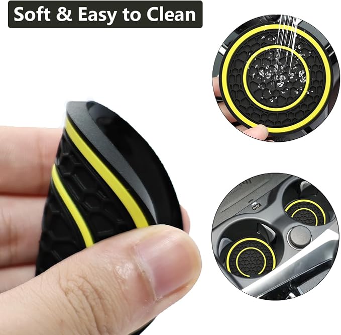 Car Cup Coaster Universal Automotive Waterproof Non-Slip Cup Holders Sift-Proof Spill Holder Car Interior Accessories 2 Pack Black & Yellow