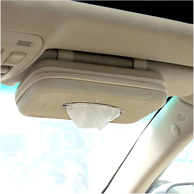 Car Sun Visor Tissue Holder, Leather Stylish Vehicle Visor Backseat Napkin Organizer Box with Zipper, Auto Interior Sunvisor Paper Towel Mask Dispenser Case, Universal for SUV Van RV (Beige)