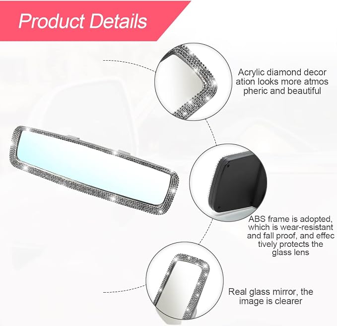Car Bling Rearview Mirror, Rhinestones Crystal Diamonds Rear View Mirrors with HD Glass, Universal Clip-on Rear View Mirrors for Cars, Vehicles, SUVs, Car Accessories for Women Girls (Black)