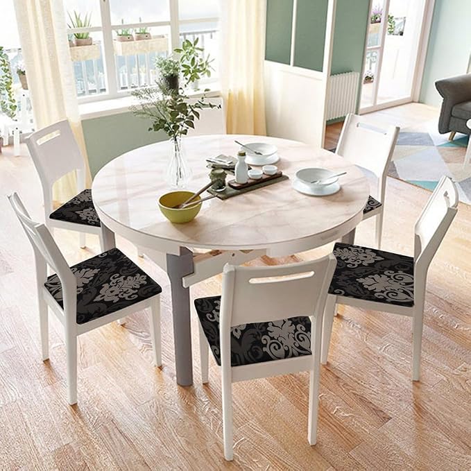 SearchI Seat Covers for Dining Room Chairs Stretch Printed Chair Seat Covers Set of 6, Removable Washable Upholstered Chair Seat Protector Cushion Slipcovers for Kitchen, Office(Black/Brown)