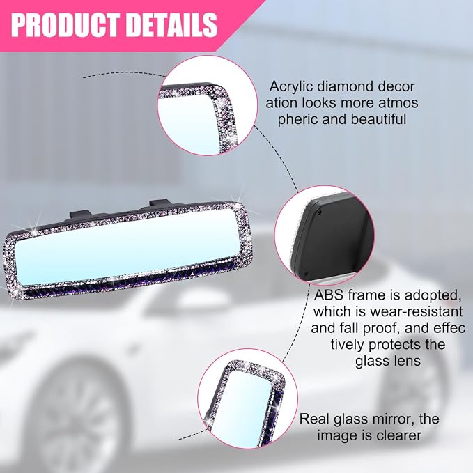 Bling Car Rear View Mirror, Rhinestones Crystal Clip-on Rearview Mirror with HD Glass, Compatible with Most Cars, SUVs, Vehicles, Auto Interior Accessories for Women Girl (Purple)