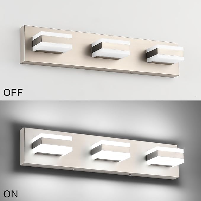 SOLFART Bathroom Vanity Lights Over Mirror Brushed Nickel Bathroom Light Fixture 3 Light Led Lights for Bathrooms Vanity Lights for Bath Nickel ETL Listed