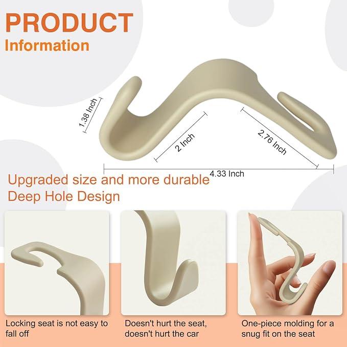 Car Seat Hooks & Purse Holder - 4 Pack Boxed,55 lb Heavy Duty,Eco PP Car Hooks for Purse/Bag/Baby Gear/Gym Bag/Groceries/Cup/,Fits 0.32-0.55”Car Headrest Rods (Beige)