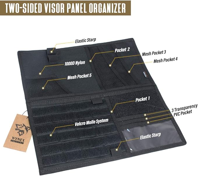 WYNEX Car Visor Organizer Fold MOLLE Panel, Fit Car Trucks Pickups Vans | Fold: M-13.8x7", 3 Hoop & Loop Strap, Auto Sun Visor Storage Pouch for Essentials & Tactical Gear Road Trip