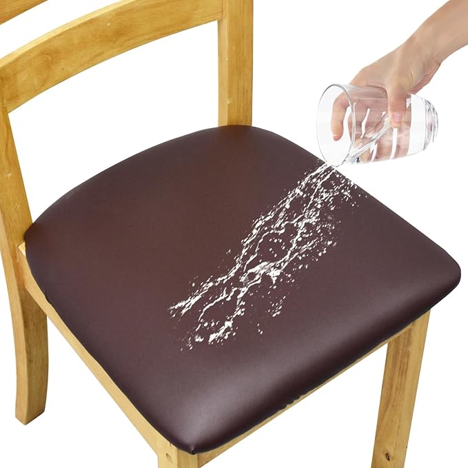 Leather Stretch Chair Seat Covers with Elastic Ties,Waterproof Dining Room PU Leather Chair Cover Seats,Removable Washable Chair Protector Seat Cushion Slipcovers for Home,Kitchen (Coffee, 4 PCS)