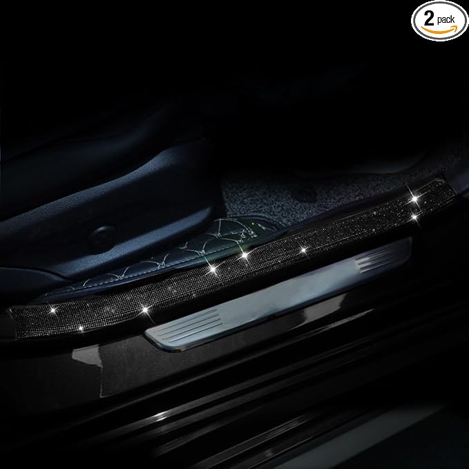 Car Door Sill Protector with Bling Rhinestones 2PCS Edge Guard Scuff Cover Anti-Scratch Strip Sticker Bumper Protector for Truck Car 1.96"x 23.62" (Black)