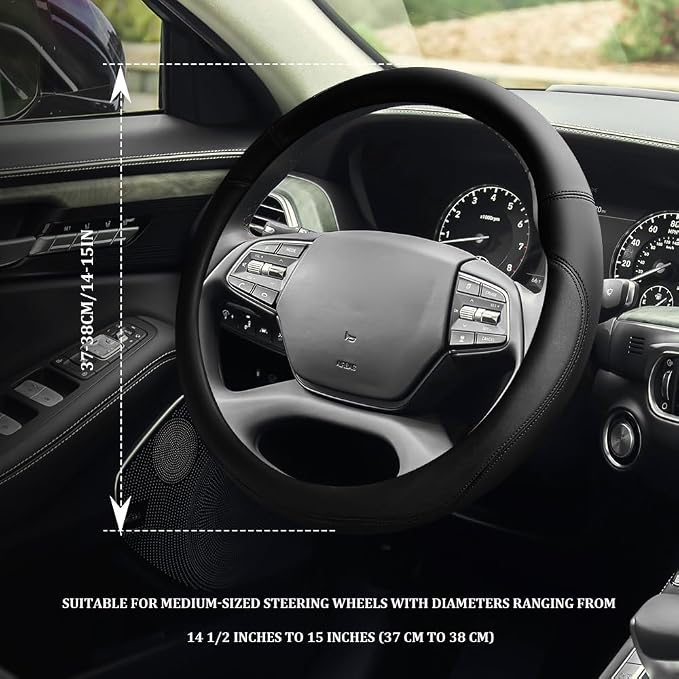 Car Steering Wheel Cover, 15 Inch Napa Leather Car Steering Wheel Protector, Slip-Resistant Elastic Steering Wheel Handle Cover, Universal Interior Accessories for Cars Trucks SUVs (Black)