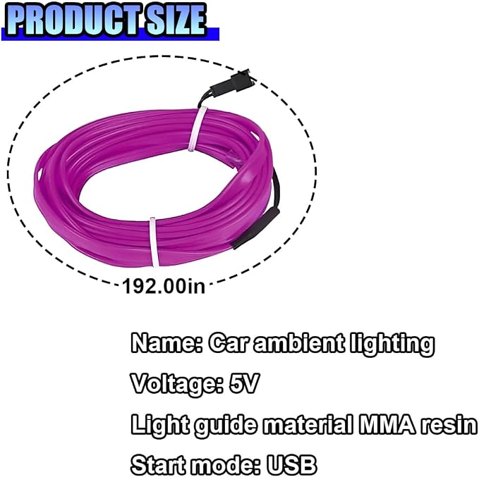 ZIMISI EL Wire Car Interior LED Strip Lights, Neon Light Strip (Purple) | 5V 16FT Car Ambient Lighting Decorations with Sewing Edge, USB Electroluminescent Car Interior Lights with Fuse Protection