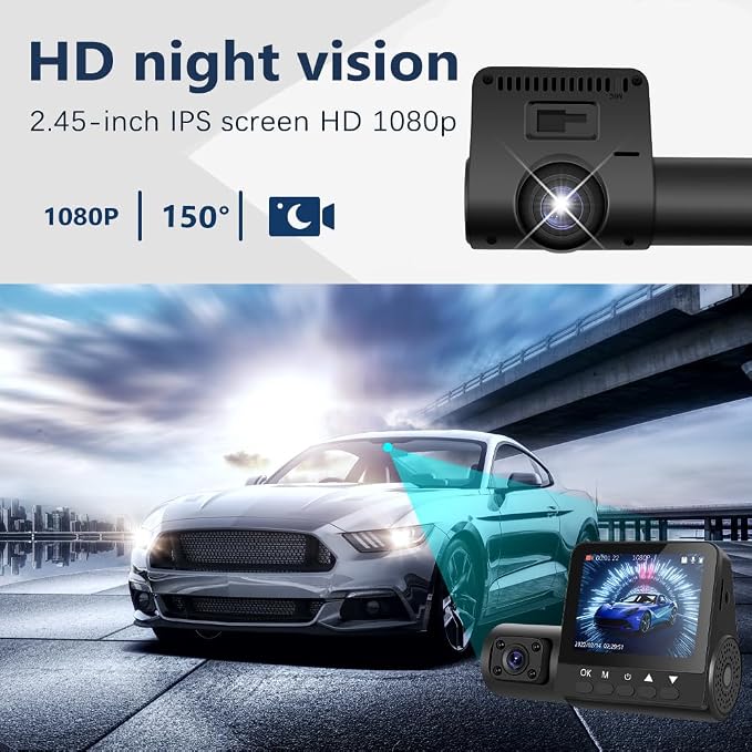Dash Cam1080P 3 Channel Dash Camera Mini Car Recorder 2.45 Inch Screen Front Rear and Inside with Loop Recording Wide Angle IP66 Waterproof