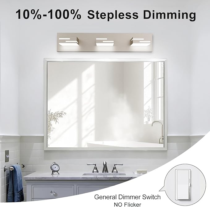LED Modern Bathroom Vanity Light Fixtures, Dimmable Brushed Nickel Vanity Lights for Bathroom Lighting Fixtures Over Mirror, with 360° Rotatable Acrylic Heads 3-Light 22-inch (Cool White 6000K)