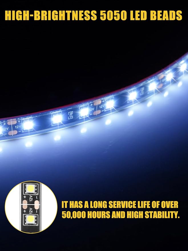 Car LED Strip Lights IP68 Waterproof Cuttable 24inch White 4 Pcs | 12V Footwell & Underbody Lights, 5050 SMD Beads, Interior & Exterior Light, Fits SUVs, Trucks, Motorcycles, Boats, Golf Carts