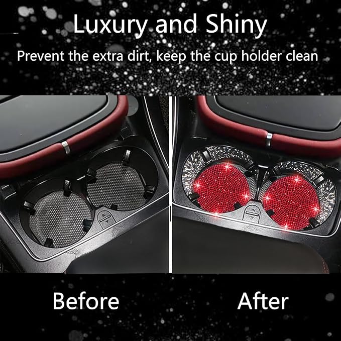 NBTEPEM 4pcs Bling Car Cup Holder Coaster, 2.75 inch Anti-Slip Shockproof Universal Fashion Car Coasters Insert Bling Crystal Rhinestone Automotive Interior Accessories for Women (4 pcs, Red)