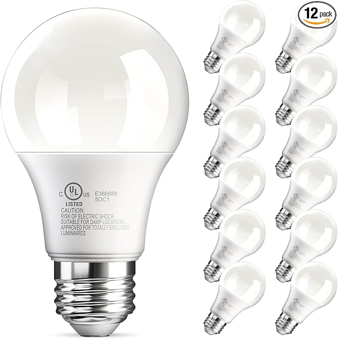 TJOY 12 Pack A19 LED Light Bulbs, 60 Watt Equivalent LED Bulb, Efficient 9W, Daylight 5000K, E26 Standard Base, Bright White Lightbulb, Non Dimmable, Energy Saving, 800LM, 80 CRI, 120V, UL Listed
