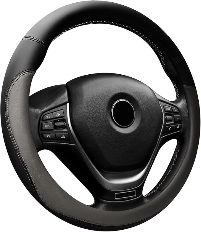 Car Steering Wheel Cover, 15 Inch Napa Leather Car Steering Wheel Protector, Slip-Resistant Elastic Steering Wheel Handle Cover, Universal Interior Accessories for Cars Trucks SUVs (Grey)