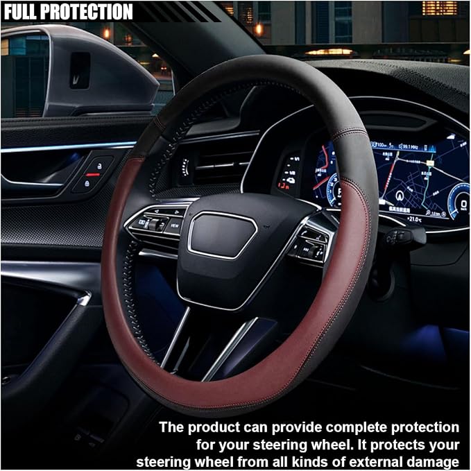 LAINLOY 15" Car Steering Wheel Cover, Microfiber Leather Cover, Burgundy | Anti-Slip Breathable Steering Wheel Decoration, Universal Steering Wheel Accessories for Diverse Cars
