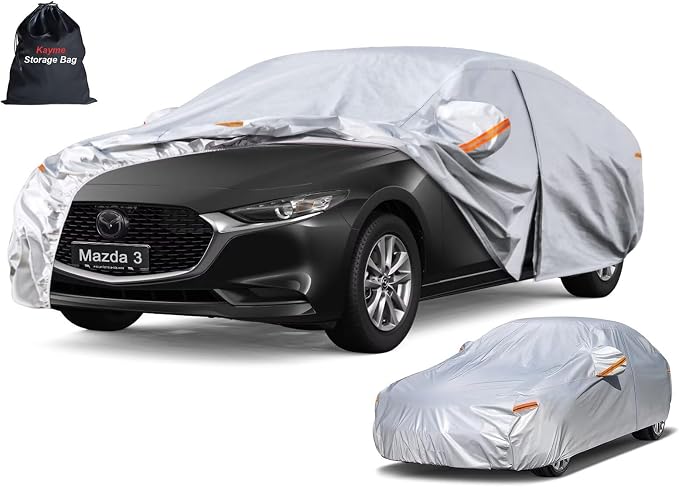 Kayme 6 Layers Sedan Car Cover Custom Fit for Mazda 3 (2003-2025), Waterproof All Weather for Automobiles,Rain Sun UV Protection.Silver