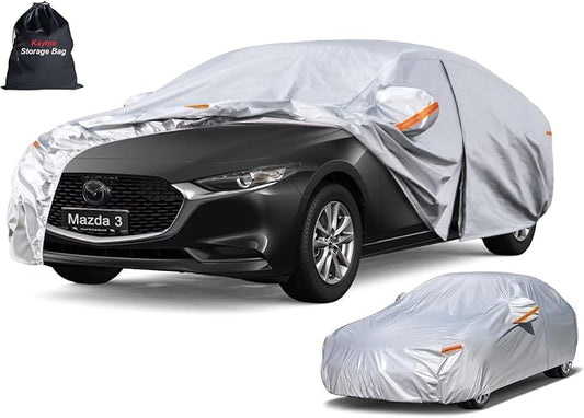 Kayme 6 Layers Sedan Car Cover Custom Fit for Mazda 3 (2003-2025), Waterproof All Weather for Automobiles,Rain Sun UV Protection.Silver