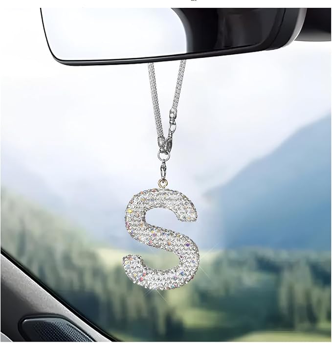 DXNQ Bling Initial Car Rear View Mirror Ornament, Crystal Sparkling Cute Letter Charm Pendant Auto Decor, Hanging Lucky Diamond Initial Charm Car Mirror Bag Ornament for Girl Women (Letter S)