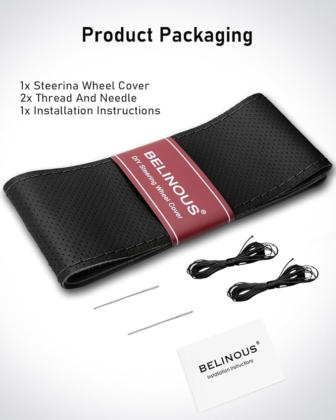 Belinous Perforated Leather Car Steering Wheel Cover (Size M0, Black) | Stitch On Wrap, Universal fit 13-20 Inch, Whole Piece of Cowhide, DIY w/Needle Thread, Breathable Anti-Slip Design