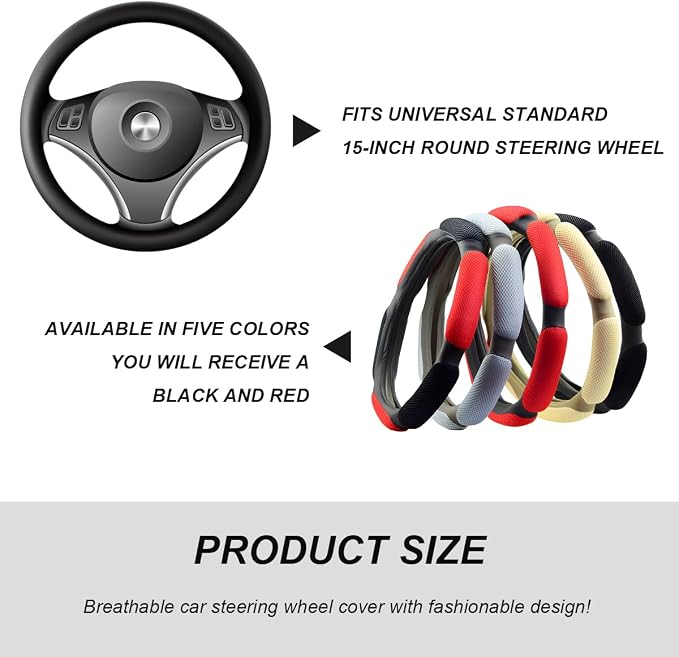 Car Steering Wheel Cover, 15" Anti-Slip Steering Wheel Protector Soft Hand Pad Cushion, Breathable Ice Silk Auto Wheel Wraps Comfy Grip All-Season Protector for Most Vehicles (Black & Red)