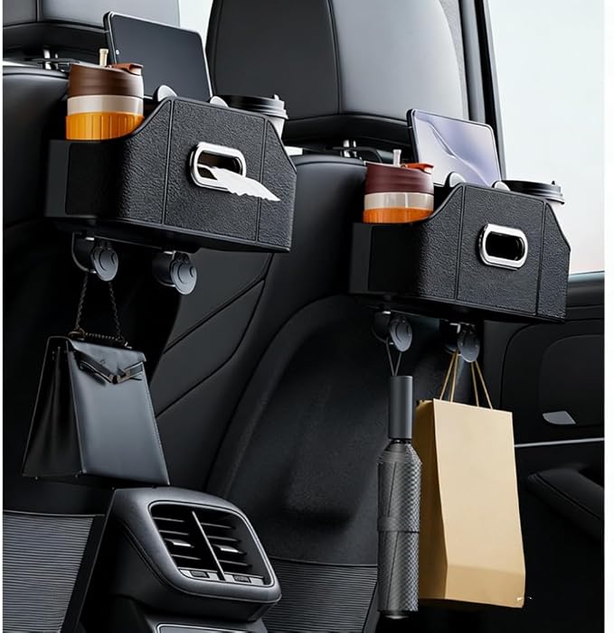 2 Pack 4-in-1 Car Backseat Organizer, PU Leather Headrest Storage Box with Tissue Holder, Dual Cup Holders, Phone Stand & Hooks, Universal Fit for Most Cars, Road Trip Essentials (Black)