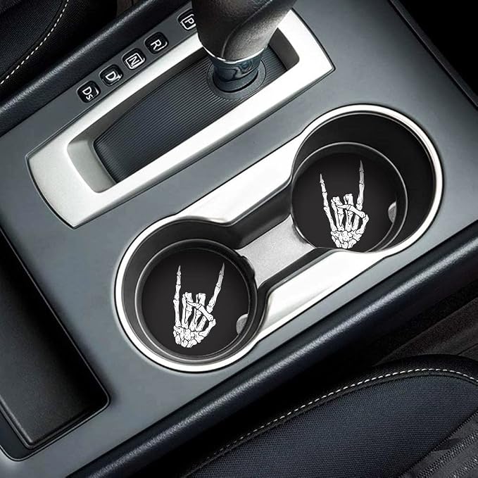 Britimes Absorbent Car Coasters 2 Pack for Cup Holders, 2.56" Ceramic Stone & Non-Scratch Cork Base Drink Coasters Skeleton Skull Rock Vintage Rocker