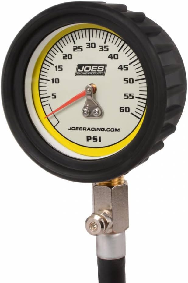 Joes Racing Products Tire Pressure Gauge, Pro Tire, Glow in The Dark, 0-60 psi, Analog, 2-1/2 in Diameter, White Face, 1 lb. Increments, Each,BLACK,32317