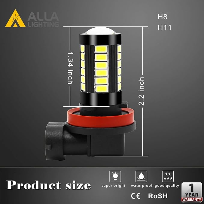 Alla Lighting Super Bright H16 LED Fog Light Bulbs, 6000K Xenon White 2800Lms Auto H8 H11 Auto 12V Fog Lamps Replacement 5730 33-SMD LEDs