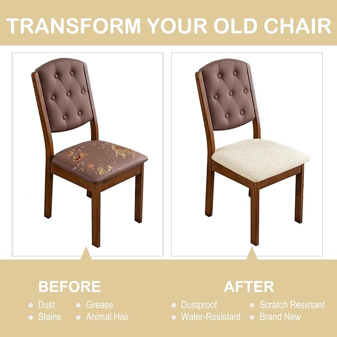 Waterproof Seat Cover for Chairs Dining Room Chair Seat Covers Washable Kitchen Chair Seat Slipcovers Protector (Beige, 6 PCS)