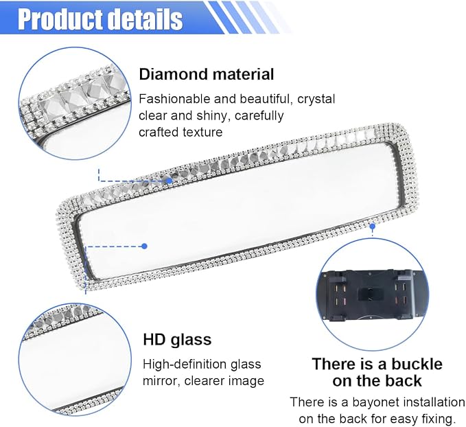 Bling Car Rear View Mirror, Clip-On Rhinestone Car Rearview Mirror with Crystal Diamonds, HD Glass Auto Interior Rear View Mirror, Car Decoration Accessories for Women Men Teens (Silver)