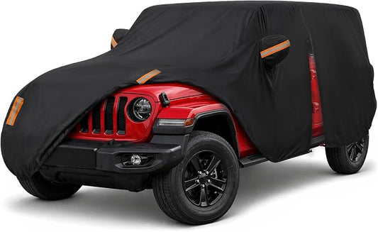Car Cover for Jeep Wrangler 4 Door 2006-2026 JK JL Outdoor Waterproof Sun Rain Snow Hail UV Protection with Driver Door Zipper
