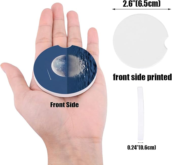 Car Coasters for Cup Holders 2.6" Dia Absorbent Coasters Set of 6 Car Interior Accessories for Women Ceramic Car Coaster for Drinks with Finger Grooves,Full Moon and Meteor Reflection on Sea Surface
