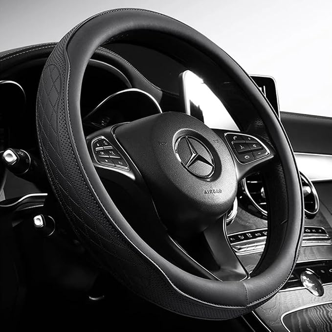 Universal Steering Wheel Cover for Cars, Premium Perforated Synthetic Leather with Odorless Rubber Inner, Non-Slip Grip, Comfort & Style Upgrade for Men and Women (Black)
