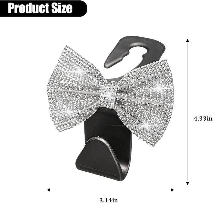2PCS Bling Bow Headrest Hooks, Car Seat Bag Hangers, White Black | Pvc and rhinestone construction, butterfly bow decoration, rear seat storage, bag and coat hanging, car interior accessories