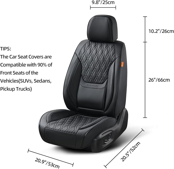 Black Car Seat Covers Front Pair, Breathable Leather Automotive Front Seat Covers with Headrest, Universal Automotive Vehicle Seat Cover for Most Sedan SUV Pick-up Trucks