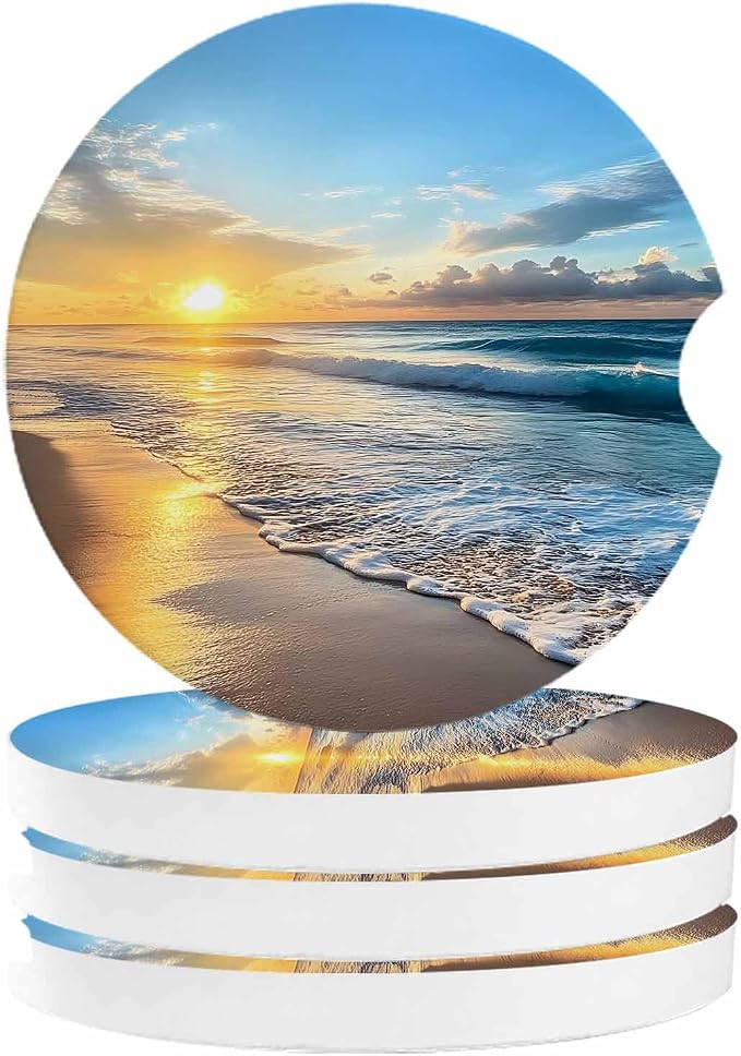 Small Car Coasters for Cup Holders 2.65" Absorbent 4 Pack Car Coaster Ceramic Stone for Drinks Absorb Water Drops Beautiful Sunset Seascape Waves and Beach