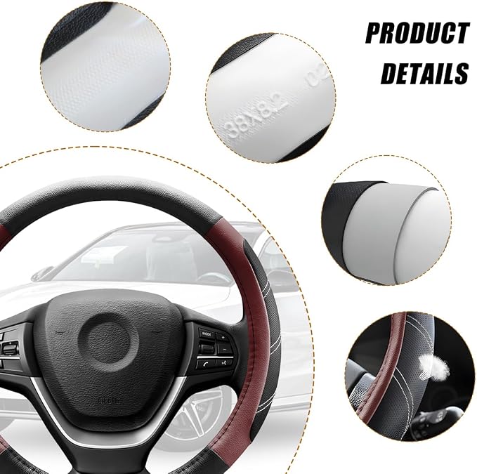 Zpana Car Steering Wheel Cover, 15 Inch Carbon Fiber Leather Non-Slip Steering Wheel Protector with Lining, Breathable Automotive Interior Accessories, Universal for SUV RV Truck (Wine Red)