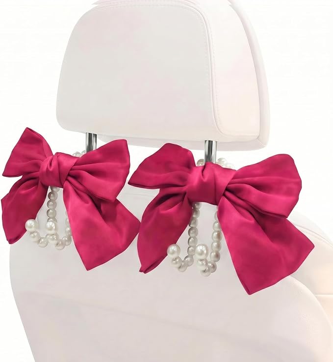 2PCS Satin Bow Pearl Car Seat Headrest Hooks – Car Bag Holder & Vehicle Hanger for Purses – Cute Coquette Aesthetic Interior Decoration – Cute Auto Organizer Accessories Universal (Berry Fuchsia)
