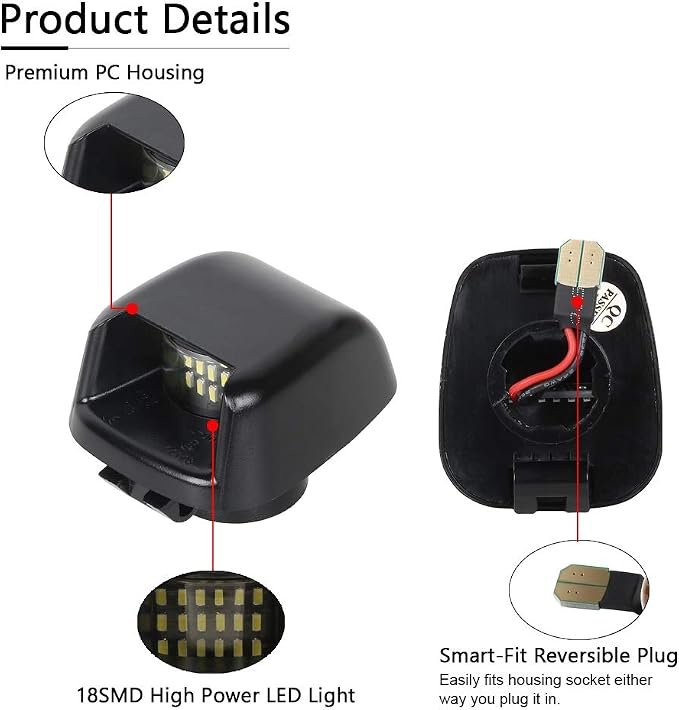 Gempro License Plate Light, 2Pcs LED License Plate Tag Lamp Assembly Replacement Compatbile for Nissan Frontier Titan Xterra Armada Suzuki Equatorx, Powered by 18SMD Xenon White LED Lights (black)