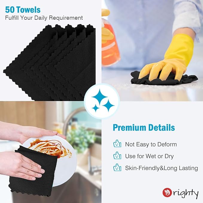 Orighty Microfiber Cleaning Cloth Bulk, 50 Pack Shop Towels 12x12 in, Black | Reusable Microfiber Towels for Cars, Shop Rags, Multi-Purpose Lint Free Cleaning Rags for Home & Kitchen