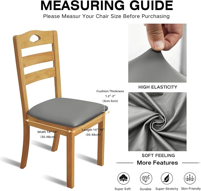 Leather Stretch Chair Seat Covers with Elastic Ties,Waterproof Dining Room PU Leather Chair Cover Seats,Removable Washable Chair Protector Seat Cushion Slipcovers for Home,Kitchen (Gray, 2 PCS)