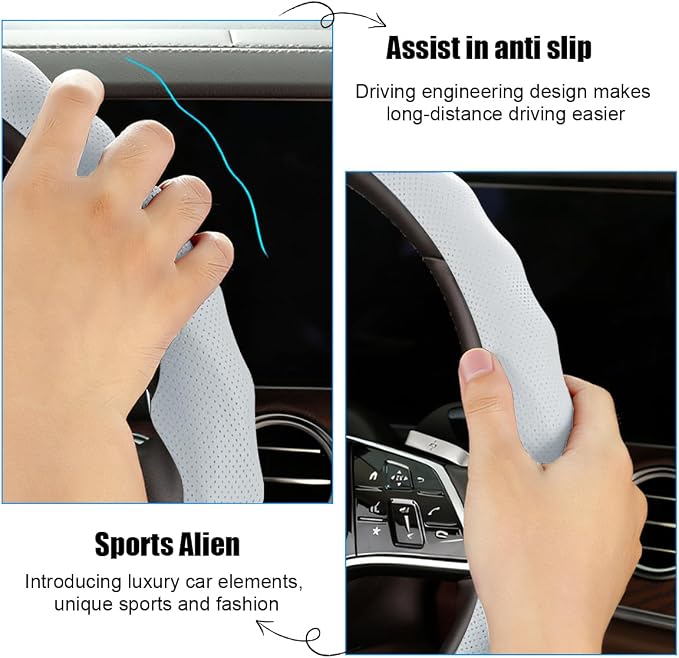 Car Steering Wheel Cover, 15 inch Nappa Leather Anti-Slip & Ultra-Thin 5D Vehicle Steering Wheel Protector, Breathable Automotive Interior Accessories, Universal Fit (White)