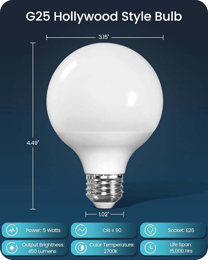10-Pack G25 LED Vanity Light Bulbs, 5W (60W Equivalent),5000K Cool White, 450LM, CRI90+, Non-Dimmable, Globe Bulb for Bathroom Mirror, Living Room, Bedroom, E26 Base, ETL Listed C01G2P1005